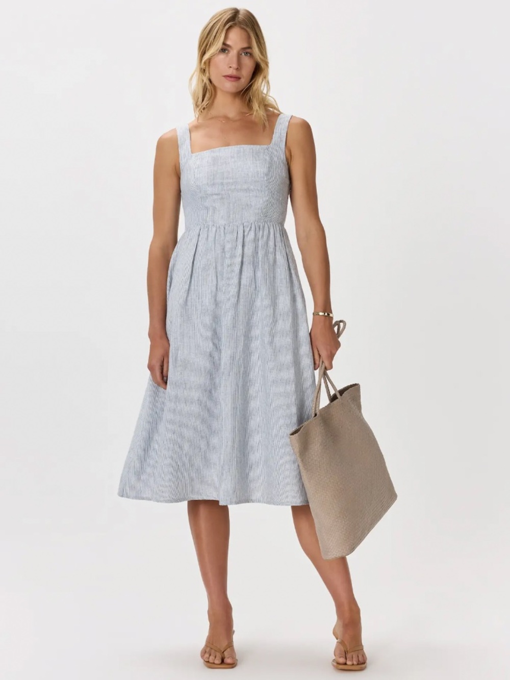 Quince 100% European Linen Fit & Flare Midi Dress Blue Pinstripe